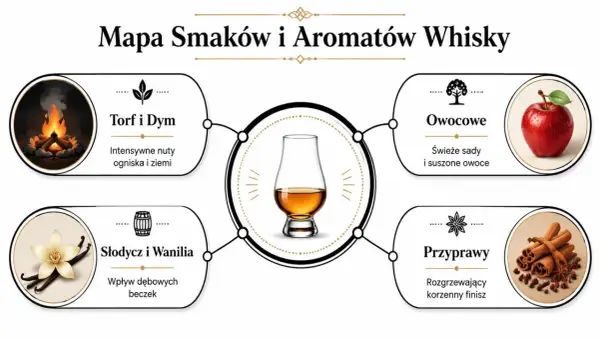 Mapa smaków whisky: torf i dym, słodycz i wanilia, owocowe, przyprawy. Odkryj, jak smakuje whisky, od nut dymnych po korzenne.