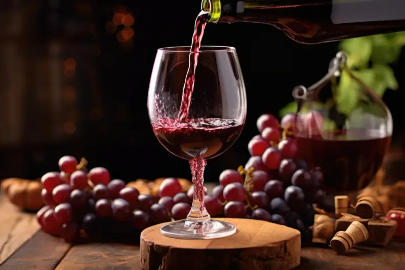 Czerwone wino nalewane do kieliszka, obok kiście winogron. Idealne na domowy przepis na wino z winogron 10l.